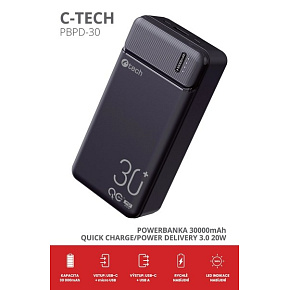 BAZAR - C-TECH Powerbanka 30000mAh, Li-Pol, 20W, USB-C/USB-A/micro USB, poškozený obal BAZAR - C-TECH Powerbanka 30000mAh, Li-Pol, 20W, USB-C/USB-A/micro USB, poškozený obal