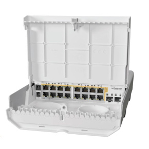 MikroTik Cloud Router Switch CRS318-16P-2S+OUT, 800MHz CPU, 256MB, 16x10/100/1000 (PoE-out),2xSFP+, vrátane.L5, vonkajšie