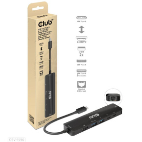 Club3D Hub USB-C, rozbočovač 6 v 1 s HDMI 8K30Hz, 2xUSB typu A, RJ45 a 2xUSB typu C, Data a PD nabíjení 100W