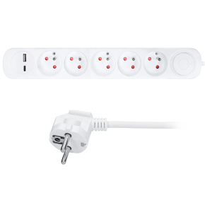 Solight prodlužovací přívod 5 zásuvek, USB A+C nabíječka 12W, 3m, 3 x 1mm2, bílý, vypínač Solight prodlužovací přívod 5 zásuvek, USB A+C nabíječka 12W, 3m, 3 x 1mm2, bílý, vypínač