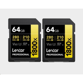 Lexar SDXC Pro 1800x U3 UHS-II R280/W210 (V60) 64GB - 2pack